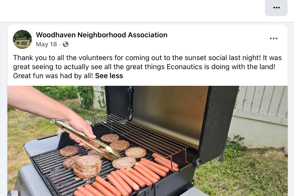 Cropped May 18 Woodhaven Neighborhood Association Facebook post thanking Sunset Social volunteers and showing hamburgers and hot dogs on a grill.