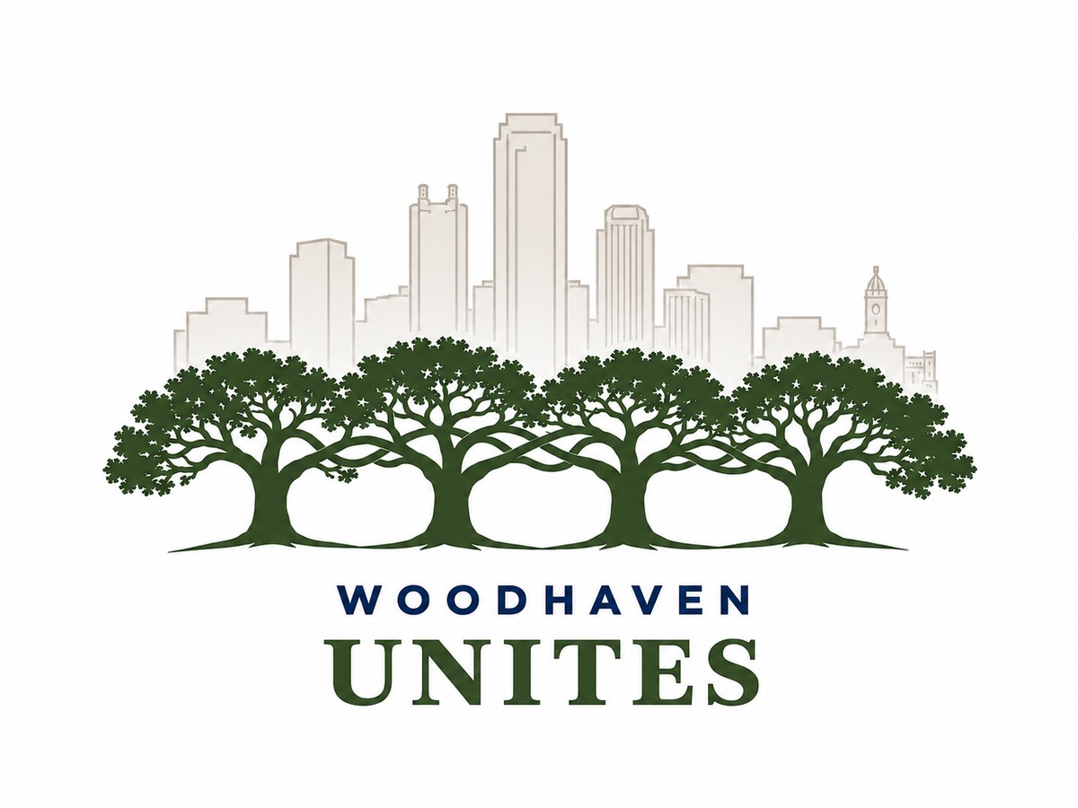Woodhaven Unites logo featuring Fort Worth's skyline and a connected canopy of oak trees
